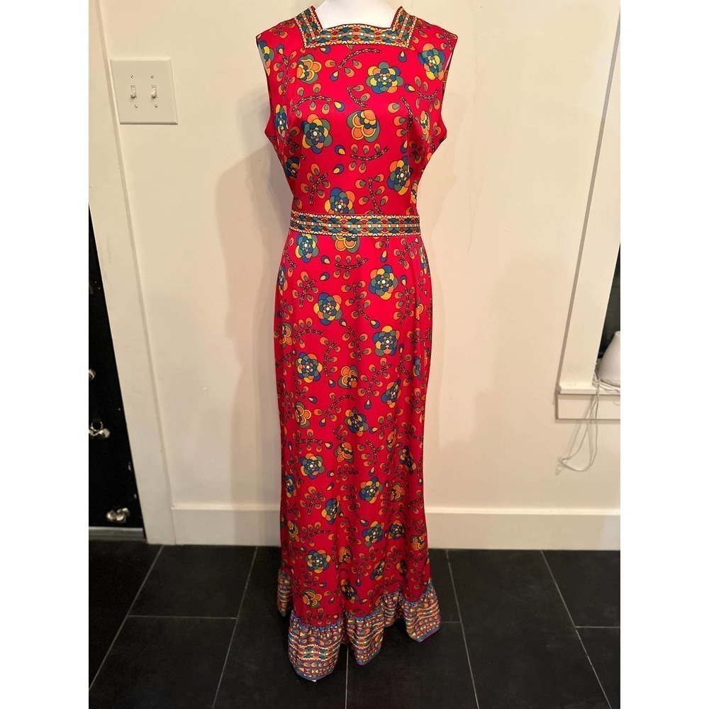 Vintage 1960s Yves Jennet Floral Maxi Dress Red Mod Boho Size 12 M